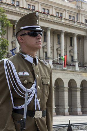 Honor Guard at the Parliament Building in the city of Budapest in Hungary. (National Home Defense Ceremonial Band MH TD).のeditorial素材