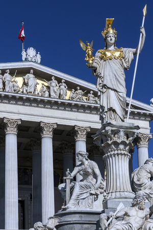Statues at the Parliament Buildings on Ringstrabe in Vienna, Austria. The Austrian Parliament is the bicameral legislature in Austria. It consists of two chambers: the National Council (Nationalrat) and the Federal Council.のeditorial素材