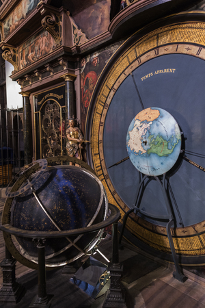 The astronomical clock in Strasbourg Cathedral in the city of Strasbourg in the Alsace region of France. The 18m astronomical clock is one of the largest in the world and contains probably the first perpetual mechanical Gregorian computus.のeditorial素材