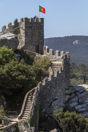 Tourists on the Castle of the Moors at Sintra near Lisbon in Portugal. The castle dates from the 10th century and is now a popular tourist destination.のeditorial素材
