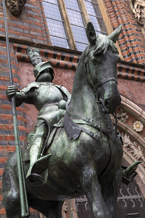 Statue outside Bremen City Hall - Germany. The seat of the President of the Senate and Mayor of the Free Hanseatic City of Bremen. One of the most important examples of Brick Gothic architecture in Europe.のeditorial素材