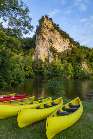 Late afternoon sunshine on a scenic landscape on the Dordogne River in the Nouvelle-Aquitaine region of Franceの写真素材