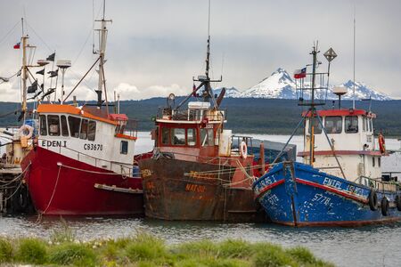 Old abandoned fishing boats near Puerto Natales in Patagonia, Chile, South America. Puerto Natales is located at the opening of Ultima Esperanza Sound northwest of Punta Arenas.のeditorial素材