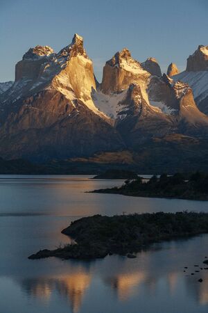Dawn light on the mountain peaks of Cordillera del Paine in Torres del Paine National Park in Patagonia, southern Chile, South America.の写真素材