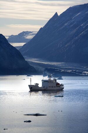 Greenland. 09.21.07. The tourist icebreaker MV Grigoriy Mikheev in Northwest Fjord in Scoresbysund...