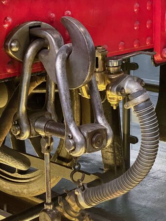 Couplings on a steam locomotive in the National Railway Museum in York, England.