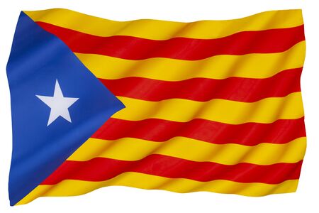 The Senyera Estelada - the unofficial flag of Catalan independence supporters to express their support for an independent Catalonia or independent Paisos Catalans. The flag is a protest symbol within Catalan nationalism.の写真素材