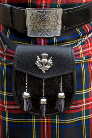 Edinburgh. United Kingdom. 02.03.08. Scotland - Scottish sporran and tartan kilt.の写真素材
