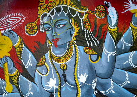 Wall painting of a Hindu god in the city of Udaipur in Rajasthan, India.