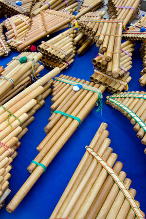 South American Pan Pipes for sale on a market in Otavalo in northern Ecuador, South America.
