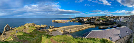 Panoramic view of Portsoy, a small coastal town on the Moray Firth in Aberdeenshire, Scotland. The...