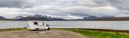 Motorhome at the scenic viewpoint on the causeway across the Kyle of Tongue in Sutherland, northwest Scotland.のeditorial素材