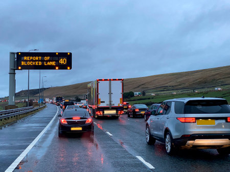 Traffic holdup on a British motorway - the M62 trans-Pennine motorway in the north England