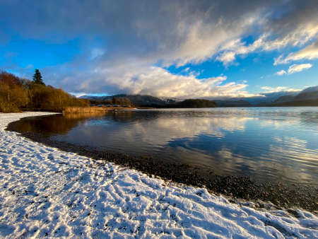 Winter at Derwent Water near Keswick in the Lake District in Cumbria, United Kingdom.の写真素材