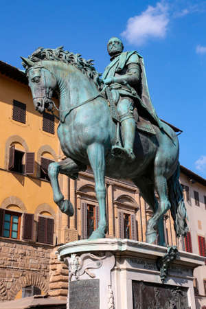 The Equestrian Monument of Cosimo I is a bronze equestrian statue by Giambologna erected in 1594 in the Piazza della Signoria in Florence, Tuscany, Italy.の写真素材