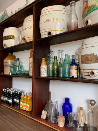 Interior of a 19th century pharmacy at the Beamish Museum in Northumberland in northeast England. In addition to treatments and cures they also sold beer and soft drinks.のeditorial素材