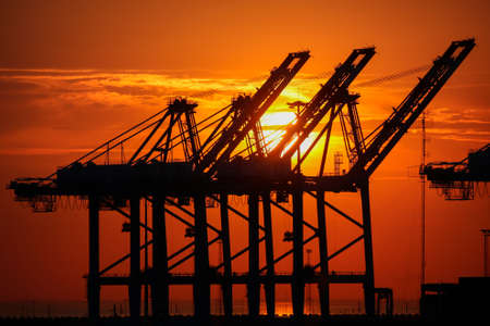 Sunset over cranes in one of the many docks in the Port of Zeebrugge in Belgium. The port is a large container, bulk cargo, new vehicle and passenger ferry terminal handling over 50 million tonnes of cargo annually.のeditorial素材