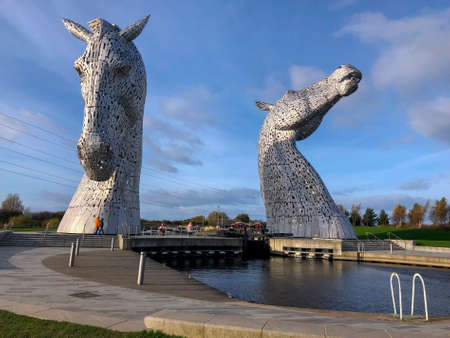 The Kelpies in Falkirk, Scotland. Two 30m high (98ft) horse-head sculptures depicting kelpies...
