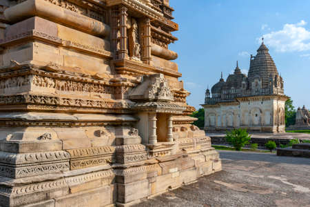 The Jian and Hindu Temples at Khajuraho in the Madhya Pradesh region of India. A UNESCO World Heritage Site. Khajuraho has Indiaâs largest group of medieval Hindu and Jain temples, famous for their erotic sculptures.のeditorial素材