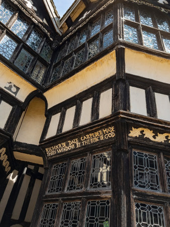 Detail on the exterior of Little Moreton Hall, a 16th-century half-timbered Tudor Manor House near Congleton in Cheshire, northwest England.のeditorial素材