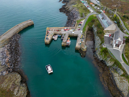 Aerial view of the harbor at Amlwch on the island of Anglesey in north Wales in the United Kingdom.の写真素材