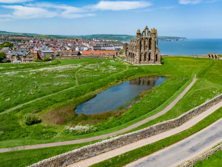 Aerial view of the abbey ruins near the coastal town of Whitby in North Yorkshire, northeast England.の写真素材