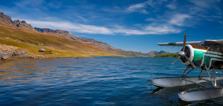 Floatplane and a remote Alaskan landscape in summer.AI Generated.