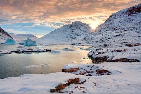 Hurry Inlet at dusk - King Christian X Land on the east coast of Greenland.の写真素材