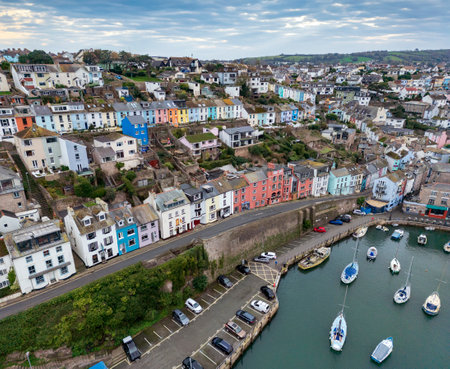 Aerial view of Brixham Harbor on the south coast of Devon in the southwest of England.の写真素材