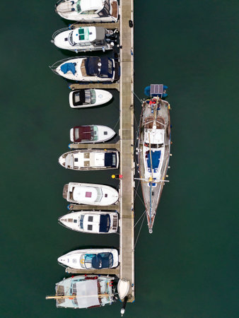 Aerial view of boats moored at the marina in Torquay on the English Riviera on the south coast of Devon in the United Kingdom.の写真素材