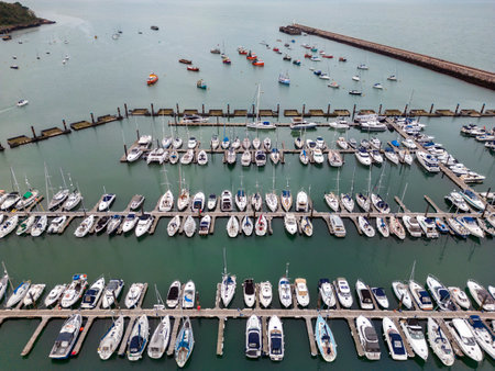Aerial view of the marina at Brixham on the south coast of Devon in the southwest of England.の写真素材