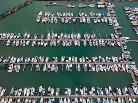Aerial view of the marina and harbor at Brixham on the south coast of Devon in the southwest of England.の写真素材