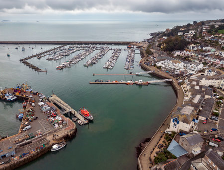 Aerial view of the marina and harbor at Brixham on the south coast of Devon in the southwest of England.の写真素材
