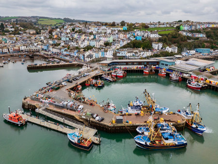 Aerial view of fishing boats in Brixham Harbor on the south coast of Devon in the southwest of England.の写真素材