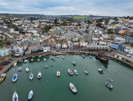 Aerial view of Brixham Harbor on the south coast of Devon in the southwest of England.の写真素材
