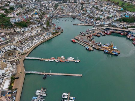 Aerial view of Brixham Harbor on the south coast of Devon in the southwest of England.