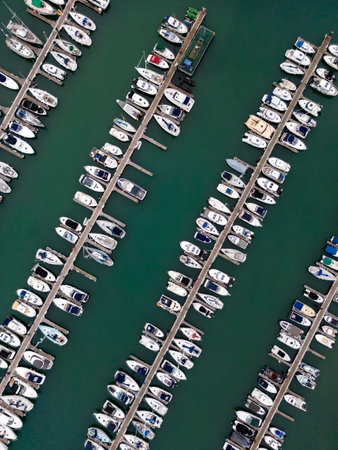 Aerial view of boats moored at the marina in Torquay on the English Riviera on the south coast of Devon in the United Kingdom.の写真素材
