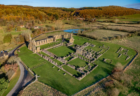 Aerial view of the ruins of Byland Abbey in the North York Moors National Park in North Yorkshire, England. Dates from 1135.の写真素材