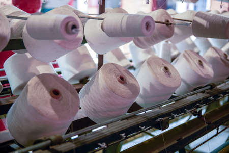 A row of bobbins on a cotton spinning machine
