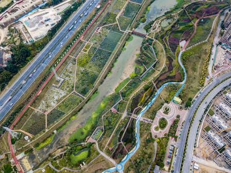 Aerial view of Nakao River Wetland Park in Chinaのeditorial素材