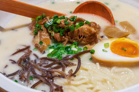 Close-up of a bowl of delicious pork bone soup char siu ramenの写真素材