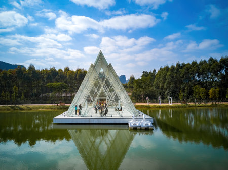 Glass house triangle church by the lakeのeditorial素材
