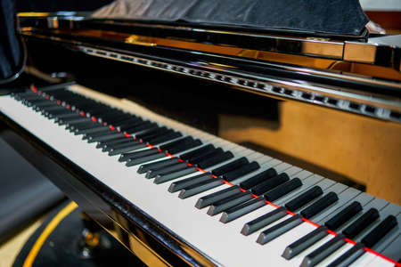 Close-up of the black and white keys of a top grand pianoの写真素材