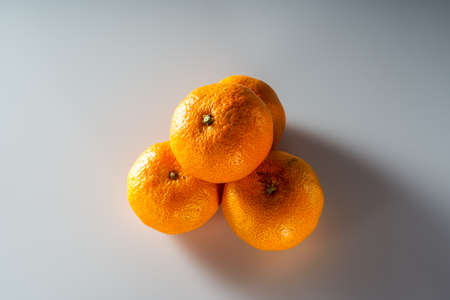 Four Cantonese sugar oranges close-up on whiteの写真素材