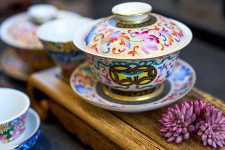 Chinese style painted teapots, cups and various tea setsの写真素材