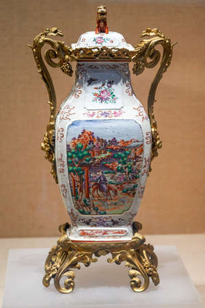 Close-up of a painted ceramic vase in Lingnan style, Guangdong, Chinaのeditorial素材