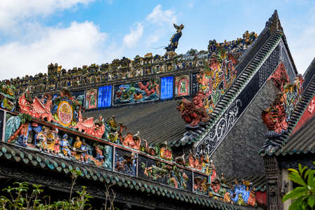 Guangzhou Chen Clan Ancestral House, the exquisitely carved Lingnan style building roofのeditorial素材