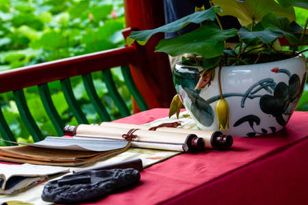 Traditional Chinese calligraphy art desk, pen, ink, paper and inkstone