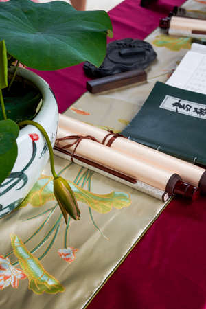 Pen, ink, paper, inkstone and writing desk of traditional Chinese calligraphyの写真素材