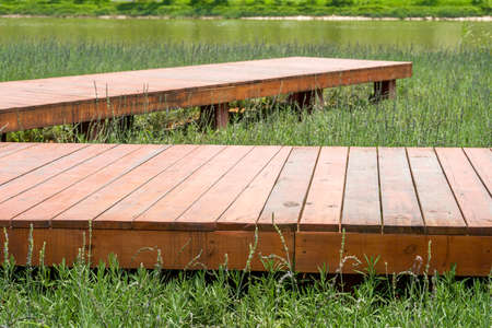 Walk along the water corridor by the lake in the park, and the footpath covered with water and grass